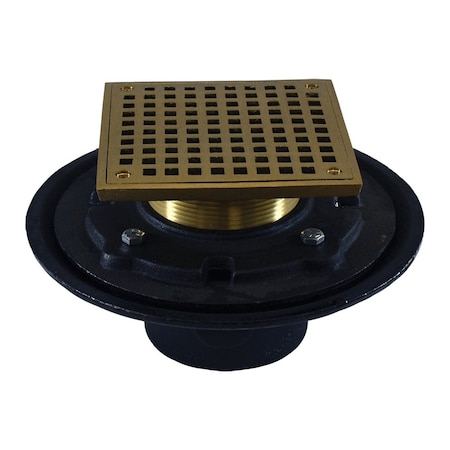 Jones Stephens 4in Heavy Duty No Hub Floor Drain/Shower Drain, 10in Pan, 6in Polished Brass Square Strainer D80221